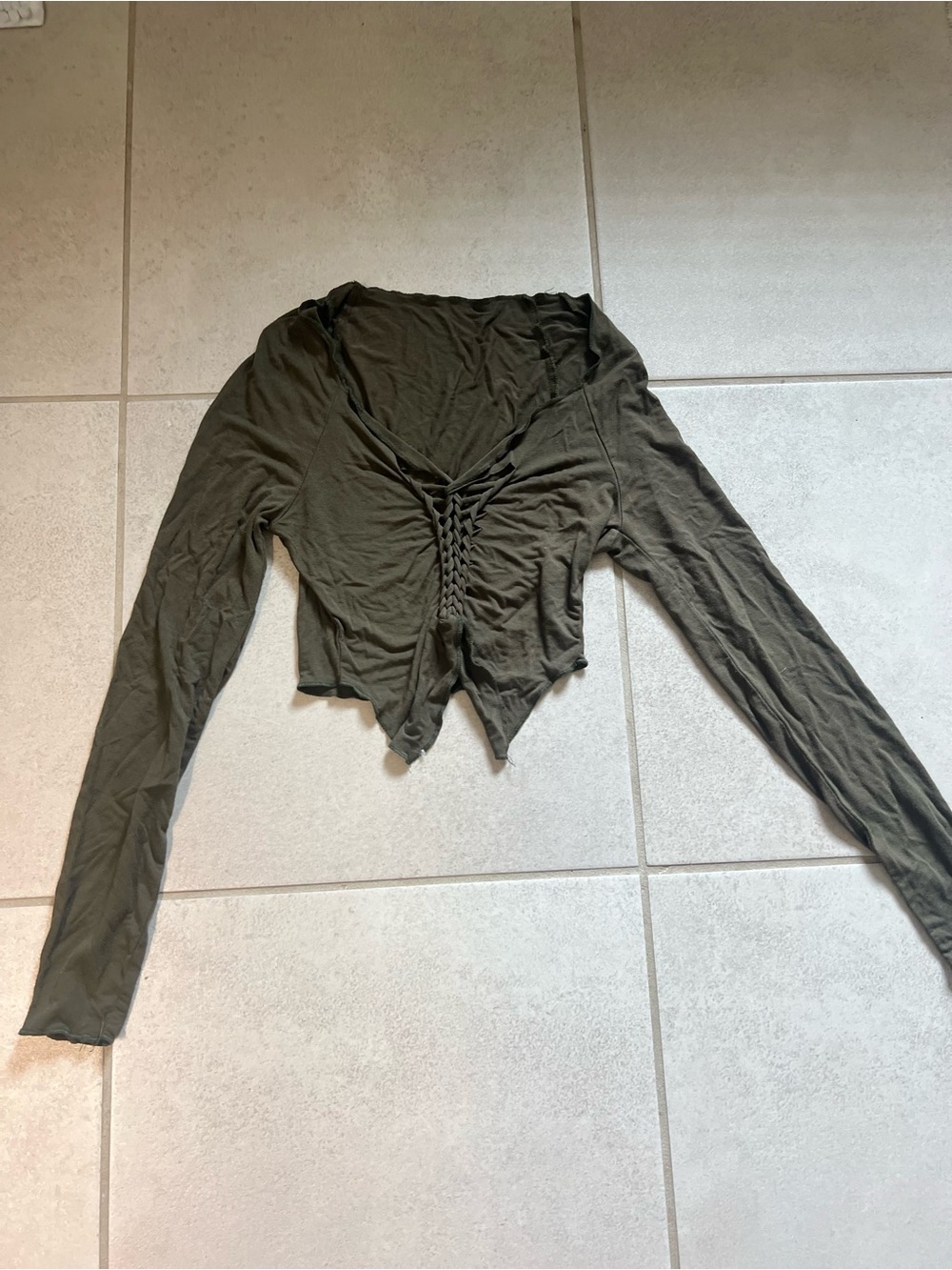 SHEIN Olive Green Cropped Long-Sleeve Lace-Up Top